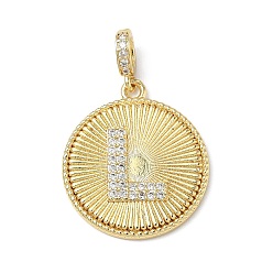 Letter L Латунные микропаве прозрачные подвески с фианитом, плоский круглый с подвесками в виде букв, без свинца и без кадмия, долговечный, стойки покрытие, реальный 18 k позолоченный, Письмо L, 24.5x21.5x2.5 мм, отверстие : 4.5x3.5 мм