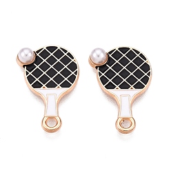 Черный Подвески из эмали и сплава, с ABS имитации жемчуга, без свинца и без кадмия, золотые, ракетка очарование, чёрные, 20x13x4 мм, отверстие : 1.8 мм