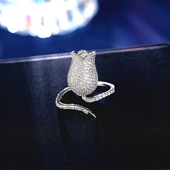 Прозрачный Кольца-манжеты из розовой латуни с микропаве из кубических цирконий, платина, прозрачные, внутренний диаметр: регулируемый