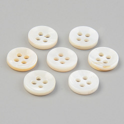 Seashell Color Natural 4-Hole Freshwater Shell Buttons, Flat Round, Seashell Color, 10x2mm, Hole: 1.5mm