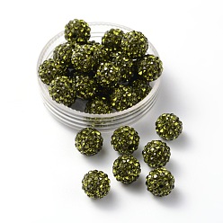 Оливин Бусины со стразами, полимерная глина , pave disco бусины, класс А, круглые, половине просверлил, оливина, 8 мм, отверстие : 1 мм