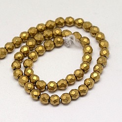 Golden Plated Electroplate Non-magnetic Synthetic Hematite Beads Strands, Faceted, Frosted, Round, Grade A, Golden Plated, 4mm, Hole: 1mm, about 100pcs/strand, 16 inch