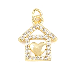 Настоящее золото 18K Латунные микропаве прозрачные подвески с фианитом, прелести дома, долговечный, стойки покрытие, без свинца и без кадмия, реальный 18 k позолоченный, 16x13x2 мм, отверстие : 3.5 мм