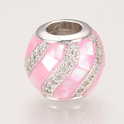 Pearl Pink Brass Micro Pave Cubic Zirconia European Beads, with Shell, Large Hole Beads, Cadmium Free & Lead Free, Rondelle, Pearl Pink, 10.5x9mm, Hole: 4.5mm