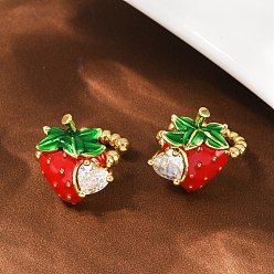 Настоящее золото 18K Серьги-каффы из клубничной латуни с микропаве из прозрачных кубических цирконий, стойки покрытие, долговечный, без свинца и без кадмия, реальный 18 k позолоченный, 14.5x13.5 мм