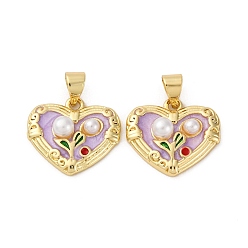 Сердце Подвески из латуни с цветочной эмалью, с абс пластмассовой имитационной жемчужиной, без кадмия и без свинца, реальный 18 k позолоченный, стойки покрытие, долговечный, сердце, 15x17x5 мм, отверстие : 3.5x4.5 мм