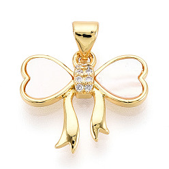 Настоящее золото 18K Латунные микропаве прозрачные подвески с фианитом, без кадмия и без свинца, с оболочкой, бантом, реальный 18 k позолоченный, 16.5x18.5x3 мм, отверстие : 5x3.5 мм