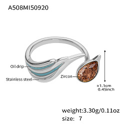 Teal 304 Stainless Steel Pave Cubic Zirconia Cuff Open Rings, Wing, with Enamel, Stainless Steel Color, Teal, 17mm
