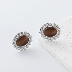 Silver 304 Stainless Steel & Resin Stud Earrings for Women, Oval, Silver, 19x22mm