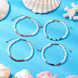 Mixed Stone 4Pcs Natural Agate Adjustable Braided Beaded Bracelets, with Nylon Thread & ABS Plastic Imitation Pearl, Inner Diameter: 2-1/4~2-3/4 inch(5.6~7.1cm)