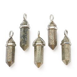 Pyrite Natural Pyrite Pendants, with Platinum Tone Brass Findings, Bullet, 39.5x12x11.5mm, Hole: 4.5x2.8mm