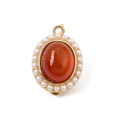 Carnelian Brass & Natural Carnelian Box Clasps, with  Plastic Pearl, Oval, Real 18K Gold Plated, 18x13x9mm, Hole: 1.2mm