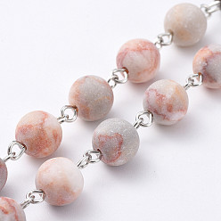 Netstone Handmade Natural Netstone Round Beaded Chains, Unwelded, with Platinum Plated Iron Eye Pins, 39.37 inch(100cm), Beads: 8~8.5mm, 1m/strand