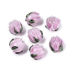 Pearl Pink Handmade Lampwork Beads, Tulip with Leaf, Pearl Pink, 13~15x12~14x12~14mm, Hole: 1~1.6mm