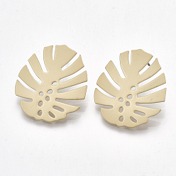 Matte Gold Color Iron Stud Earrings, with Steel Pins, Tropical Theme, Monstera Leaf, Matte Gold Color, 28x25mm, Pin: 0.7mm