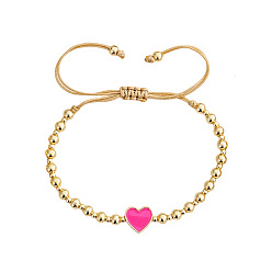 Ярко-Розовый Браслеты из плетеных бусин из латунных смоляных бусин, регулируемые плетеные браслеты из нейлонового шнура для женщин, сердце и круглый, ярко-розовый, 11.02 дюйм (28 см)