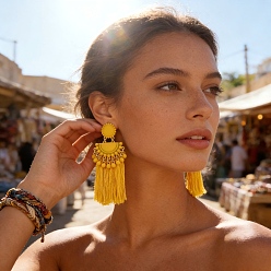 Желтый Богемные акриловые серьги-гвоздики, веер с кисточкой, желтые, 68x27 мм