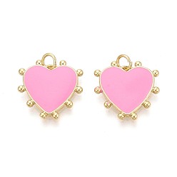 Бледно-Розовый Подвески из латуни и эмали, сердце прелести, реальный 16 k позолоченный, розовый жемчуг, 18x18x2.5 мм, отверстие : 3 мм, Перейти кольцо: 5x0.8 мм, внутренний диаметр: 3 мм