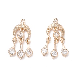 Light Gold Brass Micro Pave Clear Cubic Zirconia Pendants, Woven Net/Web with Feather, Light Gold, 25x10.5x3mm, Hole: 1.4mm