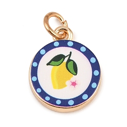 Yellow Painted Brass Pendants, Flat Round with Lemon Charms, Golden, Yellow, 18x15x3mm, Hole: 4mm