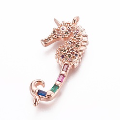 Розовое Золото Латунные микро проложить кубических ссылки циркония, морской конек, красочный, розовое золото , 34x14x3 мм, отверстие : 1 мм