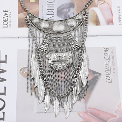 Античное Серебро Ожерелья-нагрудники из сплава в этническом стиле с многослойными перьями и кисточками для женщин, античное серебро, 16.93 дюйм (43 см)