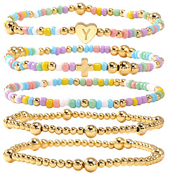 Letter Y Conjuntos de pulseras elásticas de verano de acero inoxidable con letras en forma de corazón y cuentas de vidrio de colores., Pulseras elásticas apilables y ajustables de latón con cuentas para mujer, dorado, letra y, 6.89 pulgada (17.5 cm), 5 PC / sistema