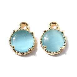 Небесно-голубой Плоские круглые латунные подвески, с кошачий глаз, без никеля , реальный 18 k позолоченный, голубой, 9x7x3.5 мм, отверстие : 1.2 мм