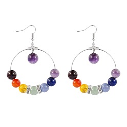 Gemischte Stein Chakra natürliche Kronleuchter Edelstein Perlen Ohrringe, mit Messing Strass Zubehör, 62 mm, Stift: 0.7 mm