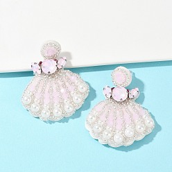 Pink Серьги-гвоздики из стеклянных бусин в форме ракушки, с пайетками, стразами и искусственным жемчугом, платина, розовые, 53x45 мм