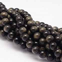 Golden Sheen Obsidian Natural Golden Sheen Obsidian Beads Strands, Round, 8mm, Hole: 1mm, about 50pcs/strand, 15.75 inch