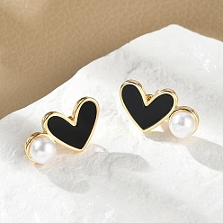 Черный Серьги-гвоздики в форме сердца из латуни, с abs имитационными жемчужными бусинами , стойки покрытие, долговечный, без кадмия и без свинца, реальный 18 k позолоченный, чёрные, 11x20 мм