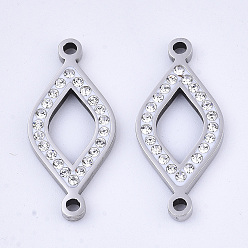 Crystal 304 Stainless Steel Links connectors, with Rhinestone, Rhombus, Stainless Steel Color, Crystal, 24x11x2mm, Hole: 1.5mm