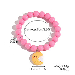 Moon Resin Charm Round Acrylic Beaded Stretch Bracelets for Kid, Pink, Moon, Inner Diameter: 2.36 inch(6cm)