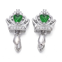 Platinum Brass Micro Pave Cubic Zirconia Ice Pick Pinch Bails, Long-Lasting Plated, Crown, Green & Clear, Platinum, 19x10.5x7mm, Hole: 2x4mm, Pin: 0.7mm.