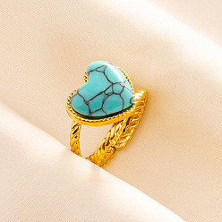 Синтетическая Бирюза Регулируемые 304 манжеты из нержавеющей стали с открытыми кольцами для женщин, сердце, с синтетическими бирюзовый, золотые, 13 мм, внутренний диаметр: 17 мм