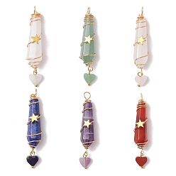 Звезда 6 шт. 6 стили натуральный сердолик и зеленый авантюрин и розовый кварц и кварцевый кристалл и лазурит и аметист ограненные сердечки-пули, обмотанные медной проволокой, с латунной бисера, золотые, звезда, 47~51x9~9.5x11~12 мм, отверстие : 3~5x3~4 мм, 1 шт / стиль