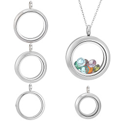 Stainless Steel Color 4Pcs 4 Styles Stainless Steel Locket Pendants, Flat Round Double Sides with Glass Charms, Stainless Steel Color, 25~41.5x19.5~34.5x6~6.5mm, Hole: 4~5mm, 1pc/style