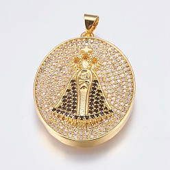Golden Brass Micro Pave Cubic Zirconia Pendants, Oval with Cross, Golden, 34.5x24x4mm, Hole: 3.5x4mm