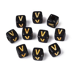 Letter V Непрозрачные акриловые бусины, золотой металл обвитыми, куб с письмом, чёрные, Буква V, 4.5~5x4.5~5x4.5~5 мм, отверстие : 2 мм, Около 6250 шт / 500 г