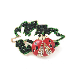 Золотой Эмалевые булавки, Броши из сплава со стразами для рюкзака, божья коровка с листочком, золотые, 42x27 мм