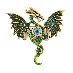 Verde Pines esmaltados de dragones steampunk, Broches de solapa de aleación con diamantes de imitación para ropa, oro antiguo, verde, 59.5x61 mm
