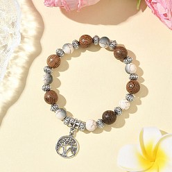 Светло-серый Плоские круглые браслеты с подвесками в виде дерева жизни из сплава, Браслет из синтетических бирюзовых бусин с деревянными бусинами и краской для выпечки для мужчин и женщин, светло-серый, внутренний диаметр: 2-1/4 дюйм (5.55 см)