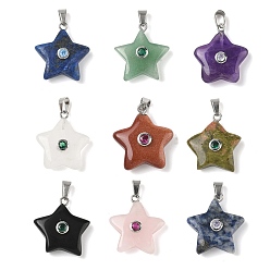 Смешанные камни Драгоценный камень подвески, подвески-звезды с 201 микрофиброй из нержавеющей стали и кубическими циркониями, цвет нержавеющей стали, смешанные окрашенные и неокрашенные, 21.5x20x6.5 мм, отверстие : 6x3 мм