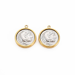 Золотой Ионное покрытие (ip) 304 подвески из нержавеющей стали, плоско-круглые, золотые, 20x17.5x3.5 мм, отверстие : 2 мм