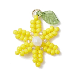 Желтый Подвески-цветы из стеклянных бус, с акриловой бусиной в форме листа и 304 соединительными кольцами из нержавеющей стали, желтые, 21.5x17.5x5 мм, отверстие : 3 мм