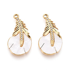 Белый 304 Подвески из нержавеющей стали, эмали и стразов, прелести из перьев, золотые, белые, 24.5x13x2.5 мм, отверстие : 1.5 мм