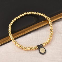 Cross Браслеты с овальными подвесками из латуни, латунные круглые бусины эластичные браслеты для женщин, стойки покрытие, долговечный, без свинца и без кадмия, разноцветные, крестик, внутренний диаметр: 2-1/8 дюйм (5.5 см)