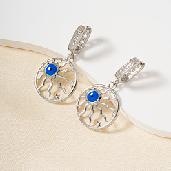 Синий Латунные кубические цирконии серьги-кольца от сглаза, с эмалью, платина, синие, 39x21 мм