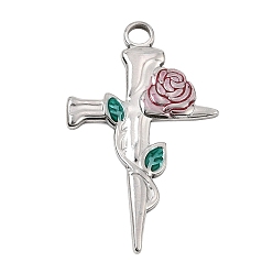 Platinum 304 Stainless Steel Enamel Pendants, Cross with Rose Charms, Platinum, 32x20x2mm, Hole: 2.5mm